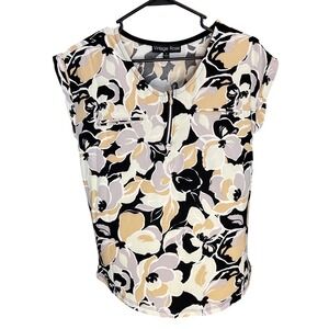 Vintage Rose Womens Floral Print Zip Neck Cap Sleeve Top Blouse Shirt Size S